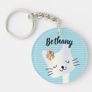 Cute Cat and Flowers Dotty Personalised Key Ring