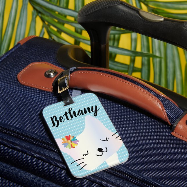 Cute Cat and Flowers Dotty Personalised Luggage Tag (Front Insitu 1)