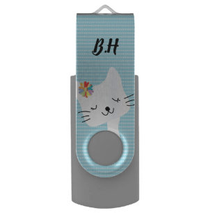 Cute Cat and Flowers Dotty Personalised USB Flash Drive
