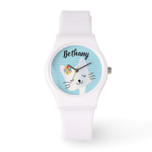 Cute Cat and Flowers Dotty Personalised Watch