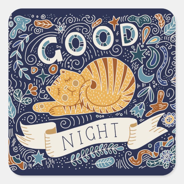 Cute cat and flowers with good night lettering square sticker (Front)