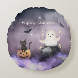 Cute Cat and Ghost Halloween Round Cushion