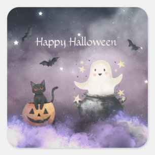 Cute Cat and Ghost Halloween Square Sticker