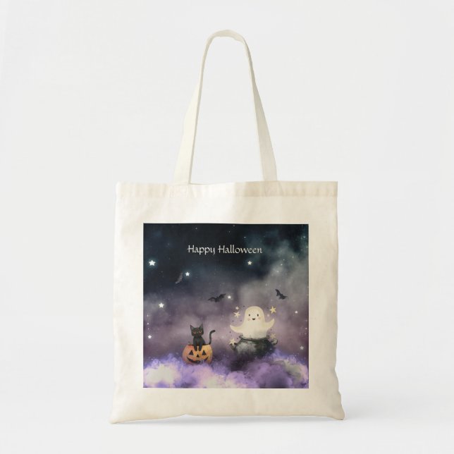 Cute Cat and Ghost Halloween Tote Bag (Front)
