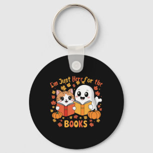 Cute Cat And Ghost Reading Halloween Books Scene Key Ring