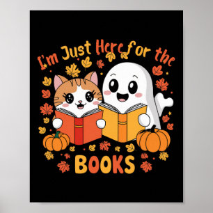Cute Cat And Ghost Reading Halloween Books Scene Poster
