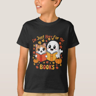 Cute Cat And Ghost Reading Halloween Books Scene T-Shirt