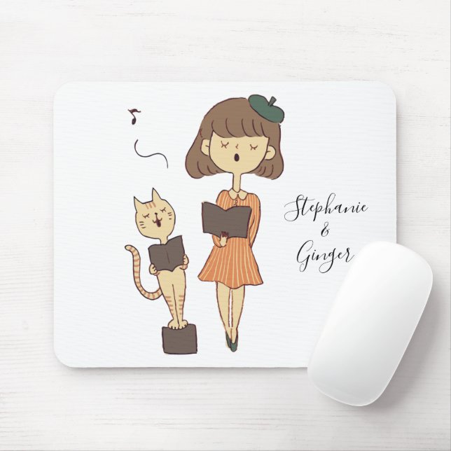 Cute Cat And Girl Singing Personalised Mouse Pad (With Mouse)