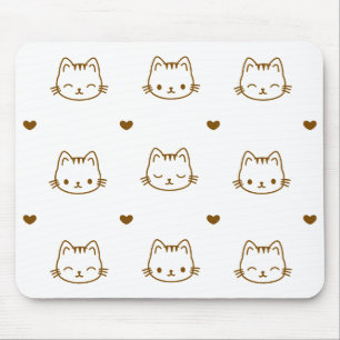Cute Cat and Heart Pattern Brown on White Mouse Mat