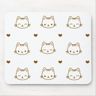 Cute Cat and Heart Pattern Brown on White Mouse Mat
