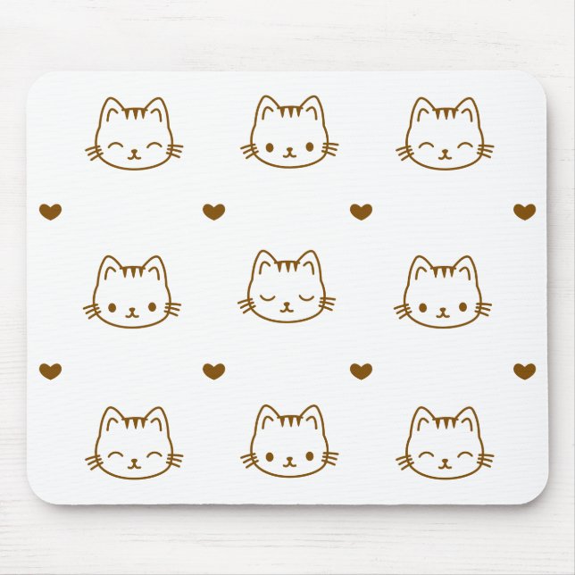 Cute Cat and Heart Pattern Brown on White Mouse Mat (Front)