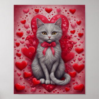 Cute Cat And Hearts Valentines Poster