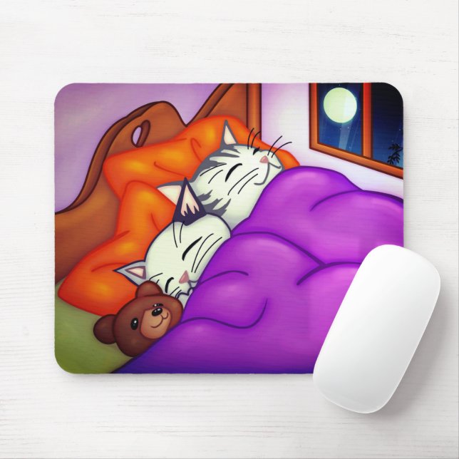 Cute Cat And Kitten And Teddy Bear Mouse Mat (With Mouse)