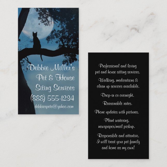 Cute Cat and Moon House and Pet Sitting Business Card (Front/Back)