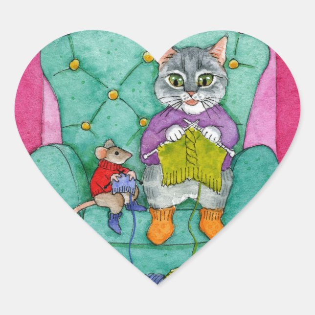 Cute cat and mouse love to knit stickers (Front)