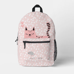 Cute Cat and Mouse - Pink & White Polkadots Kids Printed Backpack