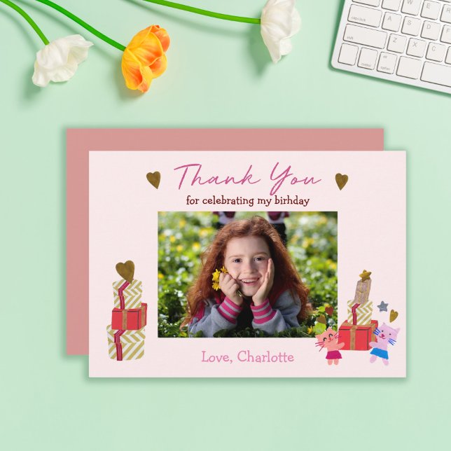 Cute cat and presents | Pink birthday party Thank You Card (Creator Uploaded)