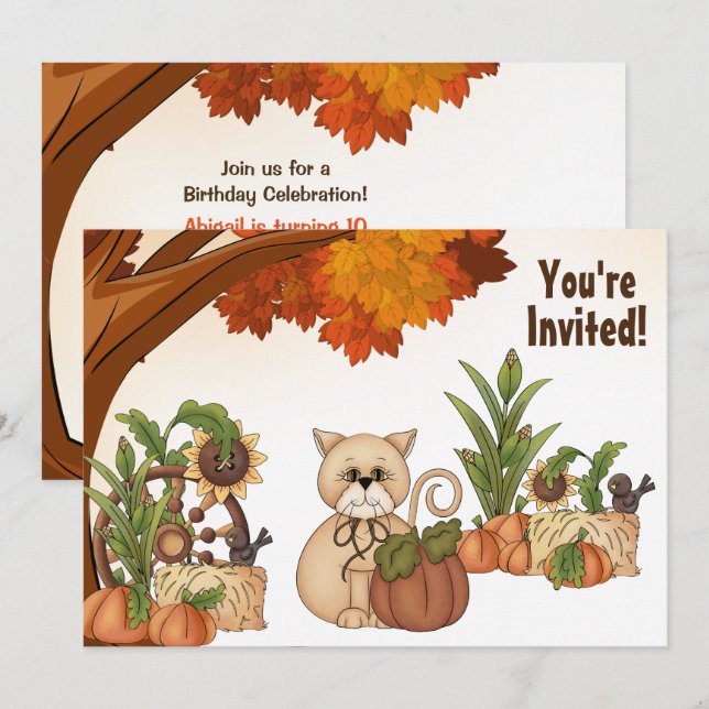 Cute Cat and Pumpkin Autumn Birthday Invitation (Front/Back)
