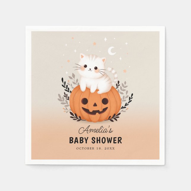 Cute Cat and Pumpkin Halloween Baby Shower Napkin (Front)