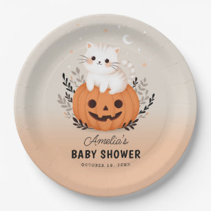 Cute Cat and Pumpkin Halloween Baby Shower Paper Plate