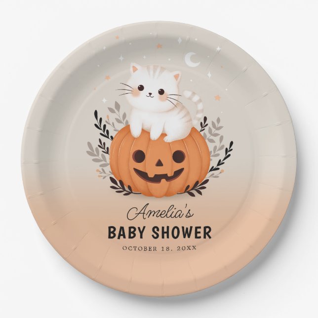 Cute Cat and Pumpkin Halloween Baby Shower Paper Plate (Front)