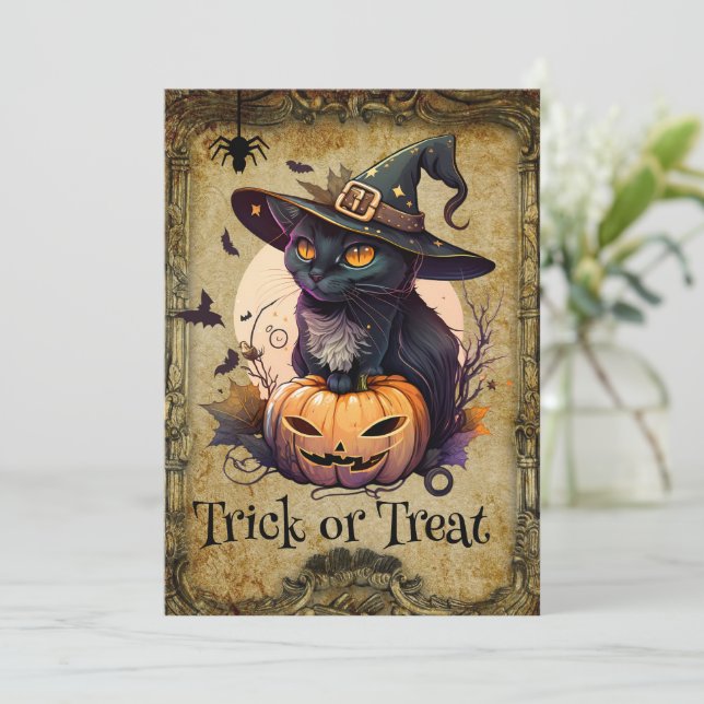 Cute Cat and Pumpkin Halloween Party Invitation (Standing Front)