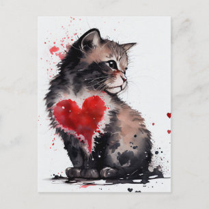 Cute cat and red heart watercolor love card