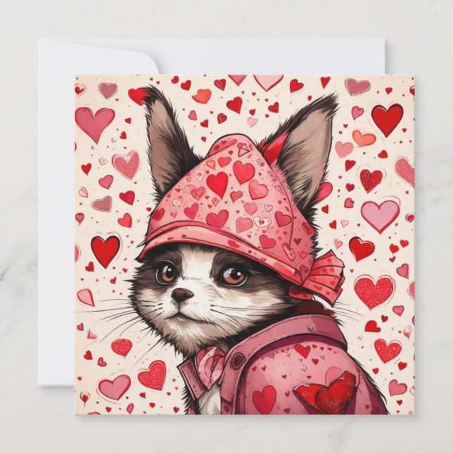 Cute cat and red hearts  invitation (Front)