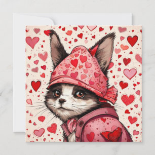 Cute cat and red hearts invitation
