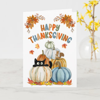 Cute Cat and Retro Pumpkins Happy Thanksgiving  Card