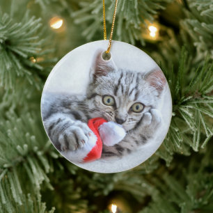 Cute Cat and Santa Claus Hat Ceramic Tree Decoration