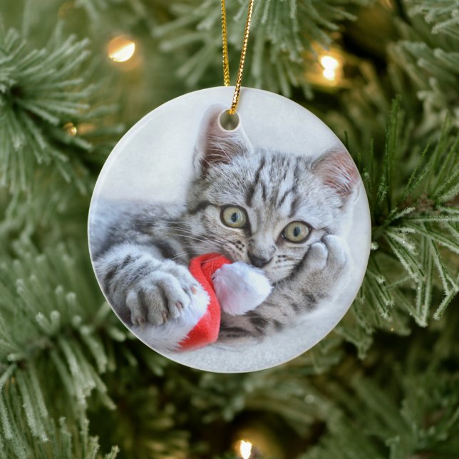 Cute Cat and Santa Claus Hat Ceramic Tree Decoration (Tree)