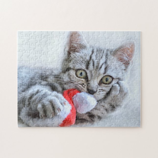 Cute Cat and Santa Claus Hat Jigsaw Puzzle (Horizontal)