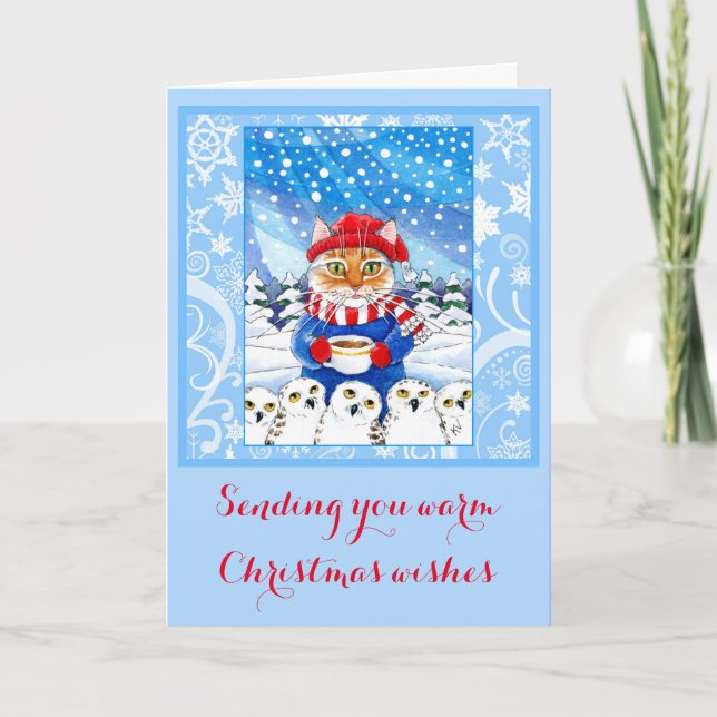 Cute cat and snowy owls Christmas winter card (Front)
