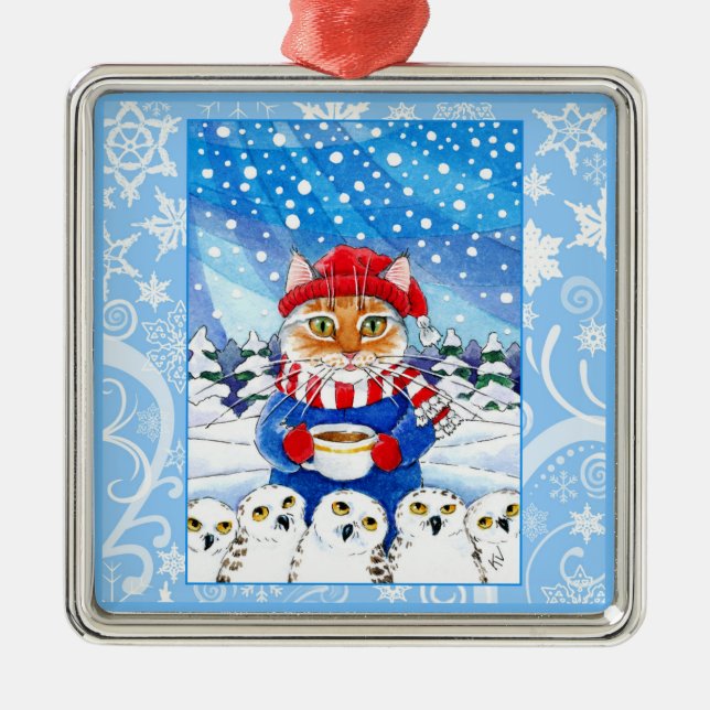 Cute cat and snowy owls, snow ornament (Front)