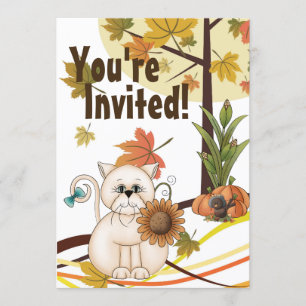 Cute Cat and Sunflower Autumn Birthday Party Invitation