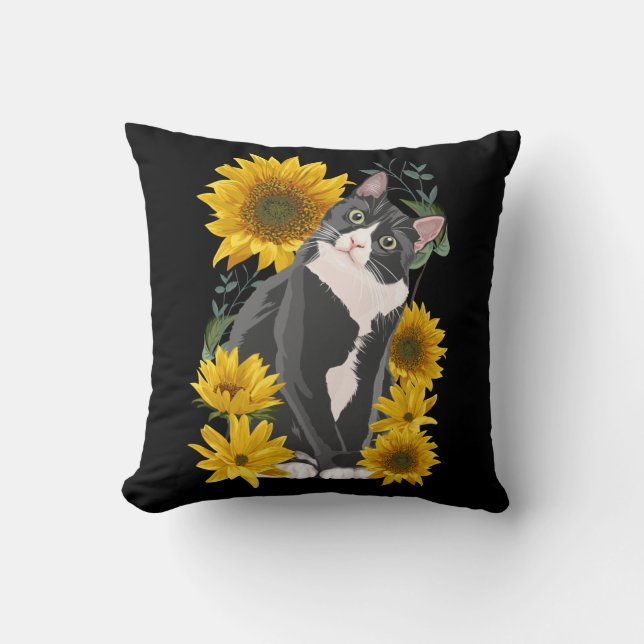 Cute Cat and Sunflowers Garden Feline Love Cushion (Front)
