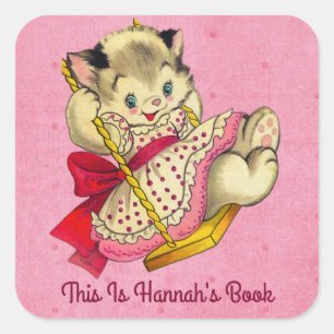 Cute Cat And Swing Vintage Style Bookplate Square Sticker