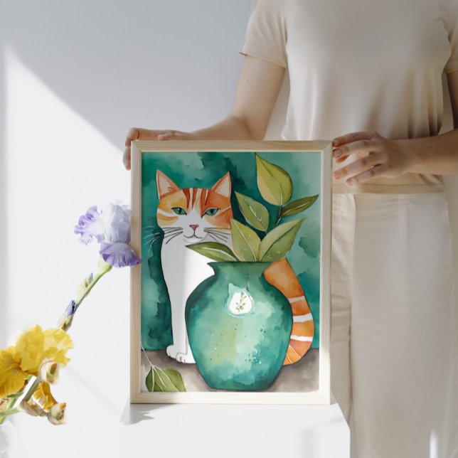 Cute Cat and Teal Green Vase Botanical Watercolor Poster (Creator Uploaded)