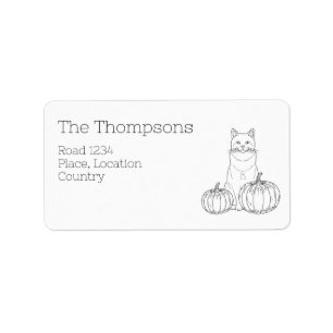 Cute Cat And Two Festive Pumpkins Autumn Line Art Label