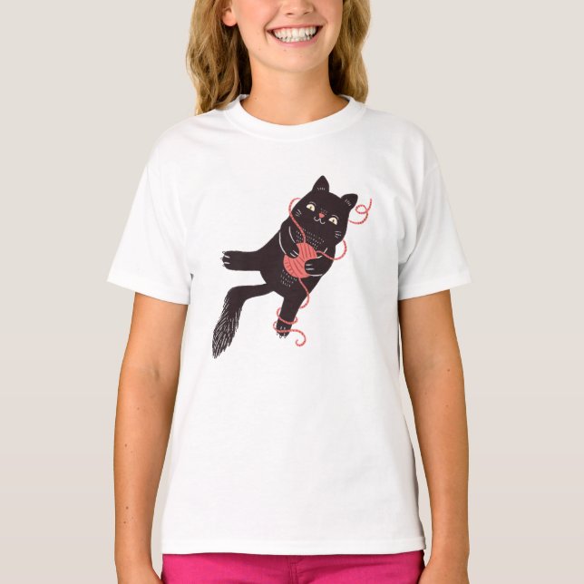 Cute Cat And Yarn T-Shirt (Front)
