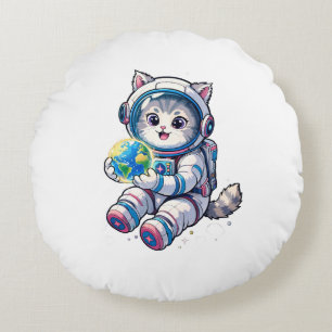 Cute Cat Astronaut Holding Earth Cartoon Space Art Round Cushion