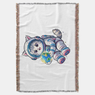 Cute Cat Astronaut Holding Earth Cartoon Space Art Throw Blanket