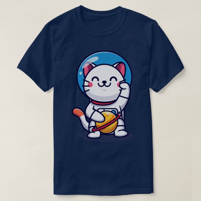 Cute Cat Astronaut With Planet Cartoon T-Shirt (Design Front)