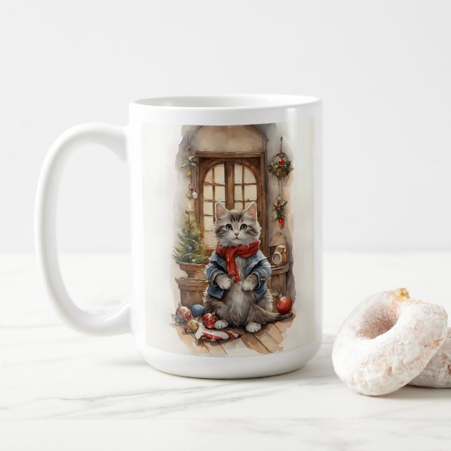 Cute Cat at Christmas Jacket and Scarf Coffee Mug (With Donut)