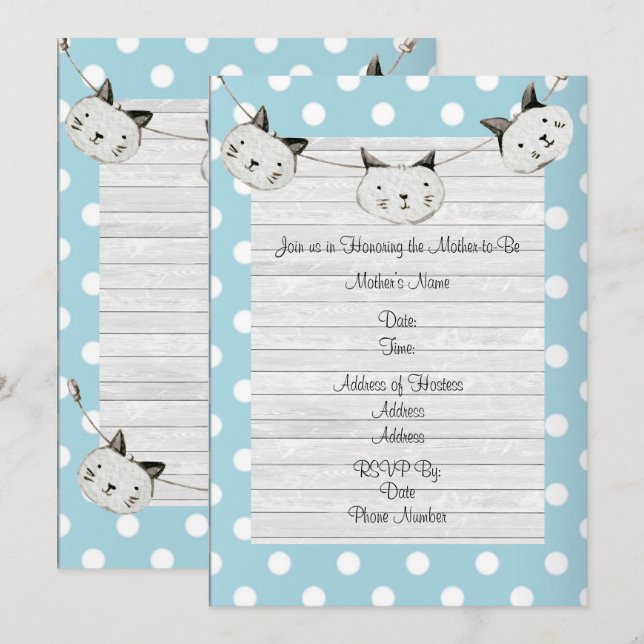 Cute Cat Baby Boy Blue Polka Dot Rustic Shower Invitation (Front/Back)