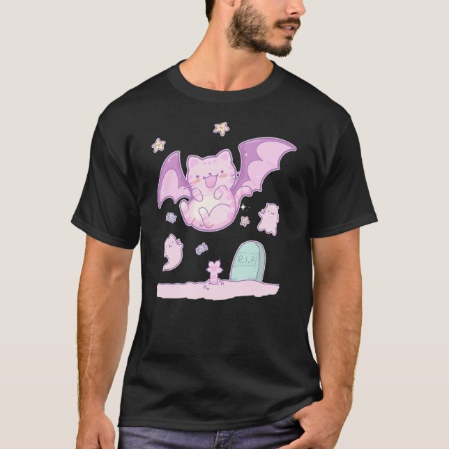 Cute Cat Bat & Ghosts Goth Pastel Kawaii Halloween T-Shirt (Front)