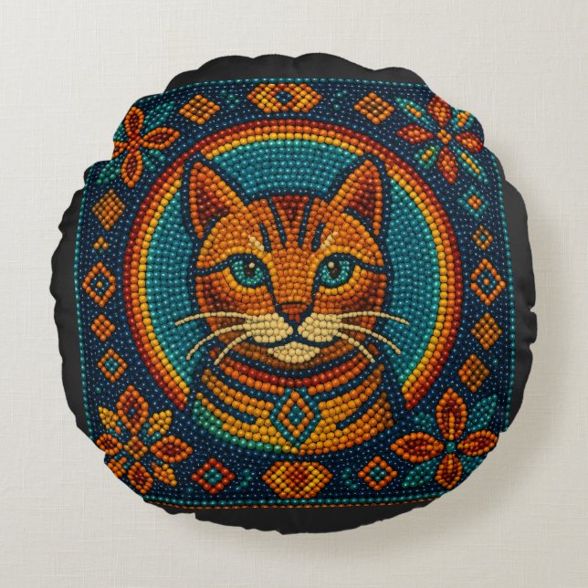 Cute Cat Beaded Kitten Round Cushion (Front)