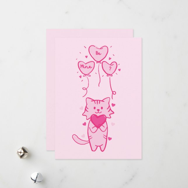 cute cat & bear pink hearts happy valentine's card (Front/Back In Situ)