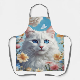 Cute Cat Beautiful White Floral Aprons, Women Chef Apron
